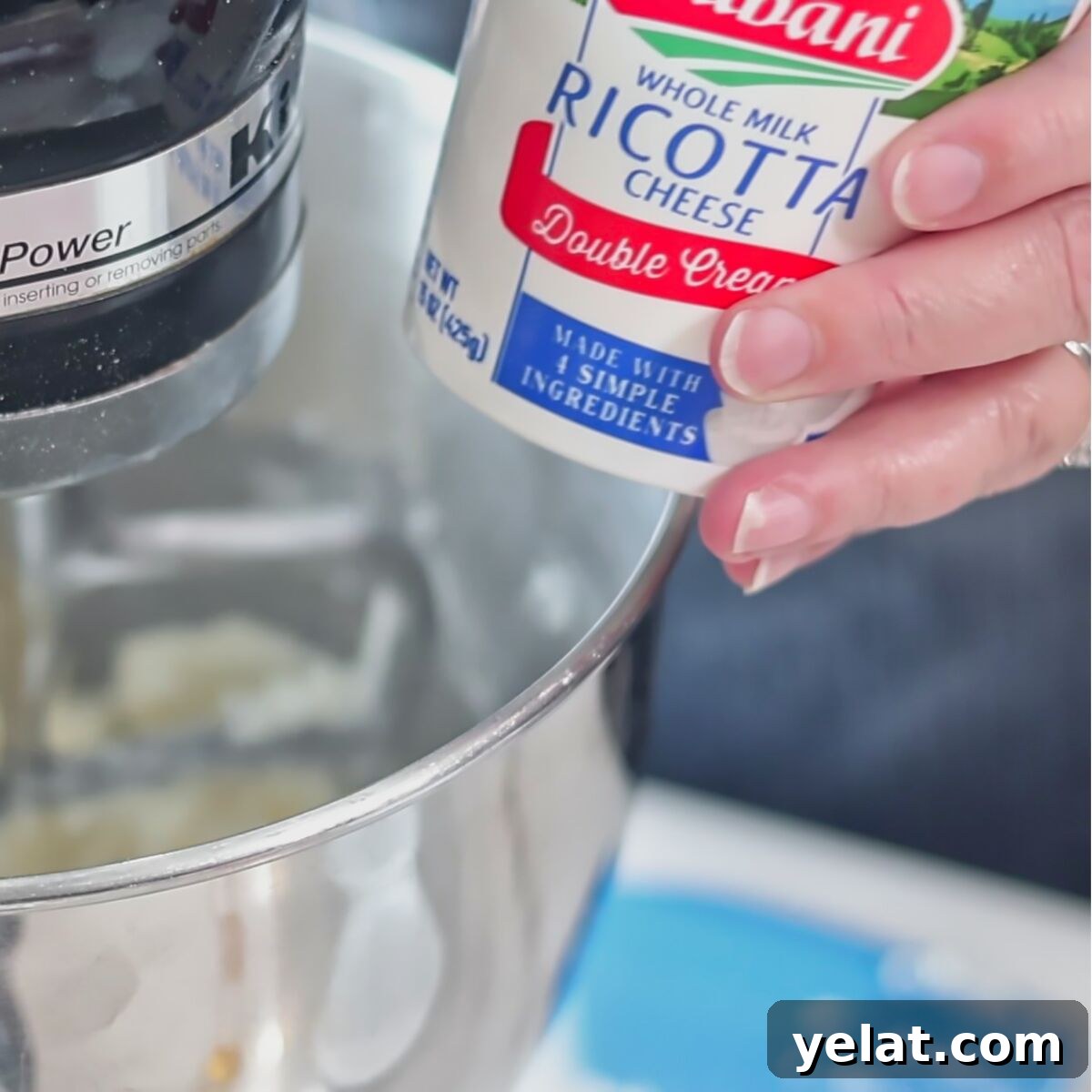Irresistible Gluten-Free Ricotta Cookie Recipe 7 adding ricotta cheese to bowl of stand mixer.