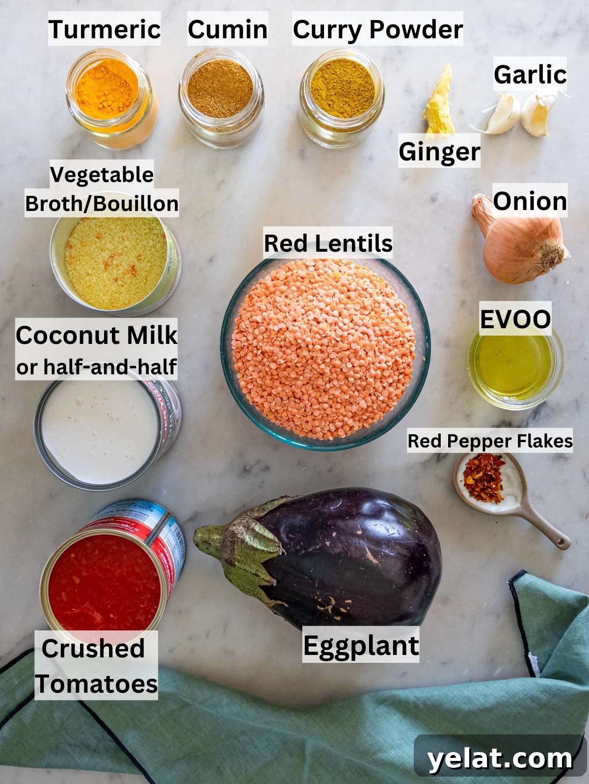 High-Protein Lentil and Eggplant Curry Recipe 4 Fresh eggplant red lentils coconut milk and spices arranged for healthy vegetarian curry recipe.