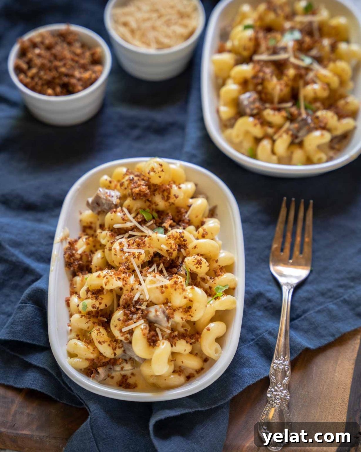 Smoky Brisket Mac and Cheese Recipe for Leftover Beef 7 Top down view of a brisket pasta dish topped with breadcrumbs and cheese.