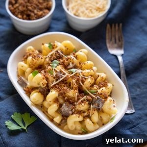 Smoky Brisket Mac and Cheese Recipe for Leftover Beef 9 Closeup angle of macaroni and cheese with leftover brisket in a dish.