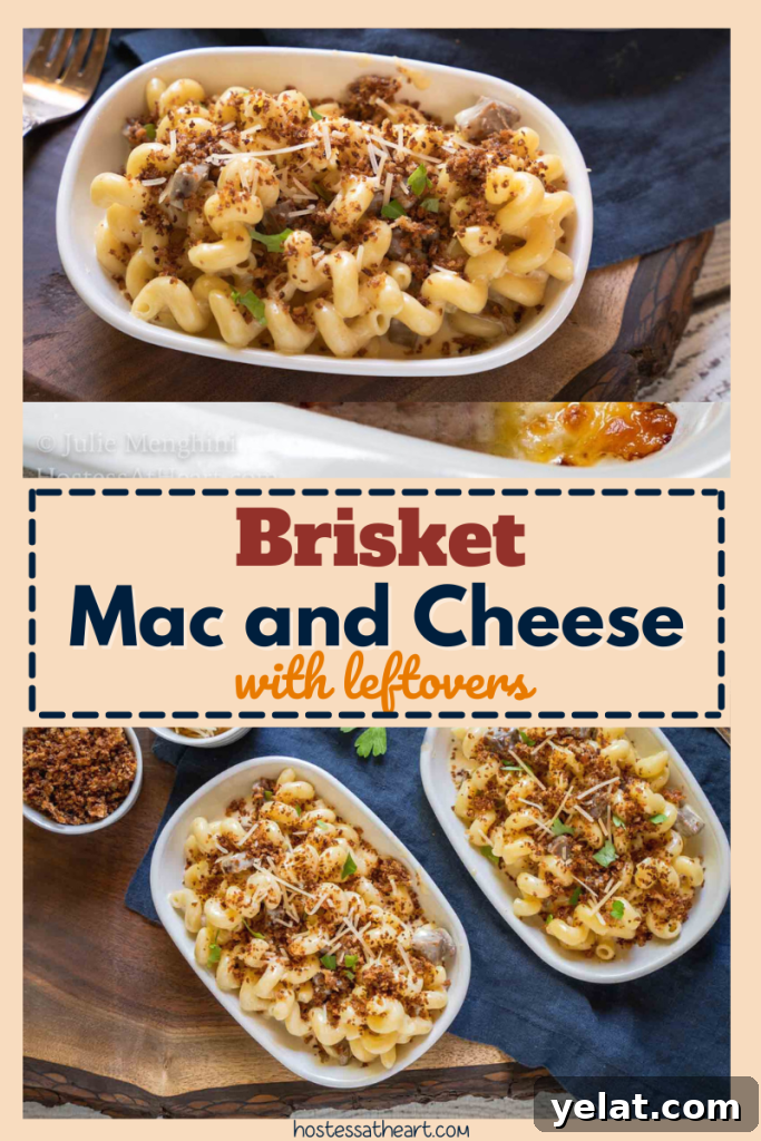 Smoky Brisket Mac and Cheese Recipe for Leftover Beef 10 Two photos for pinterest of dishes filled with mac and cheese and chunks of brisket.
