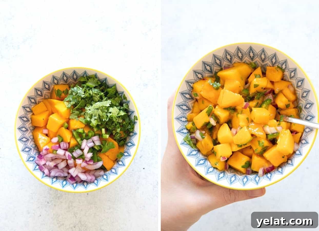 Chipotle Lime Fish Taco Bowl with Creamy Mayo Sauce (Whole30) 2 picture collage of mango salsa being mixed in a bowl