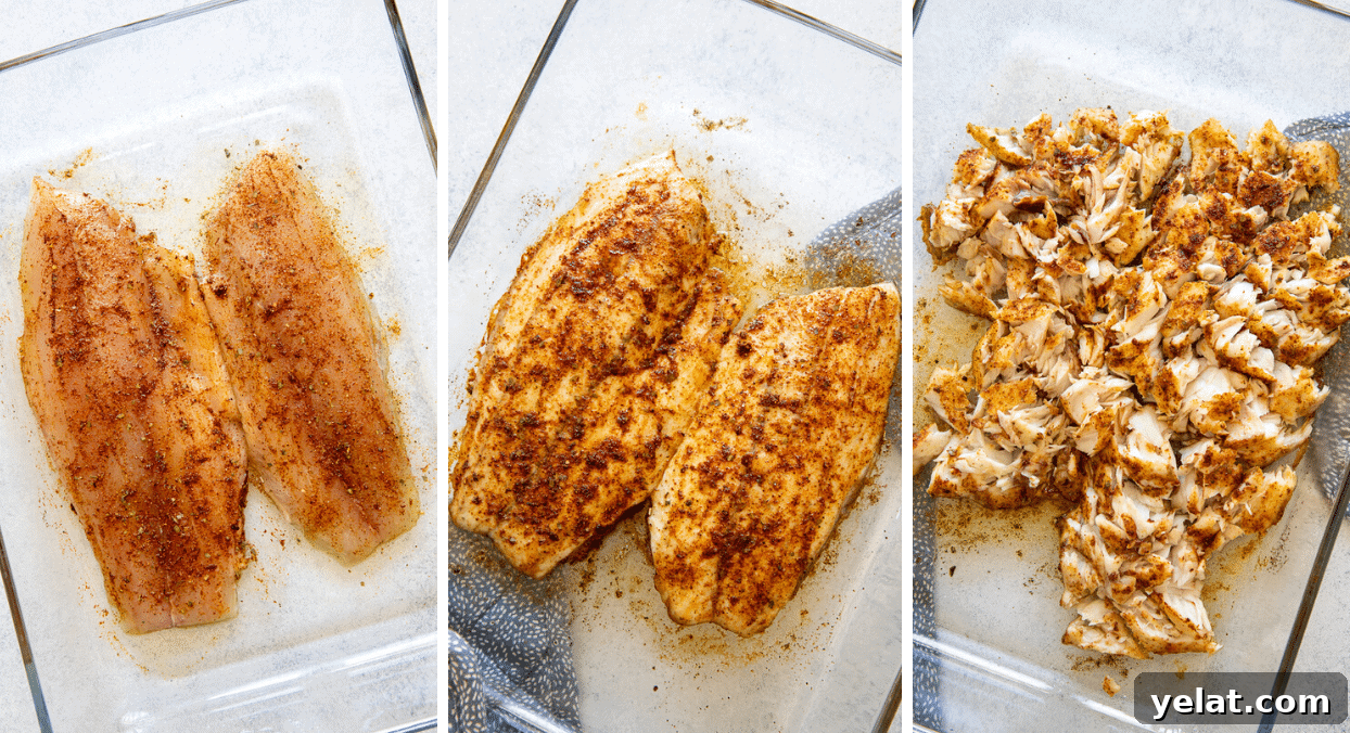 taco bowl picture collage demonstrating how to bake fish fillets in the oven