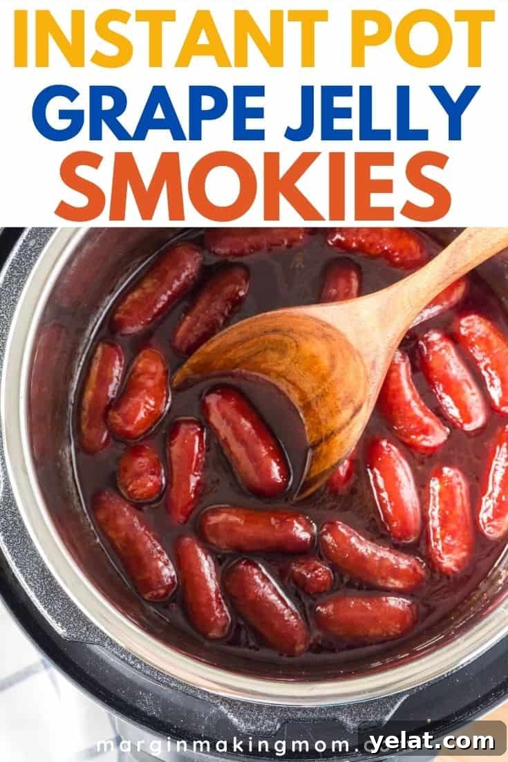 overhead view of Instant Pot little smokies in a BBQ and grape jelly sauce