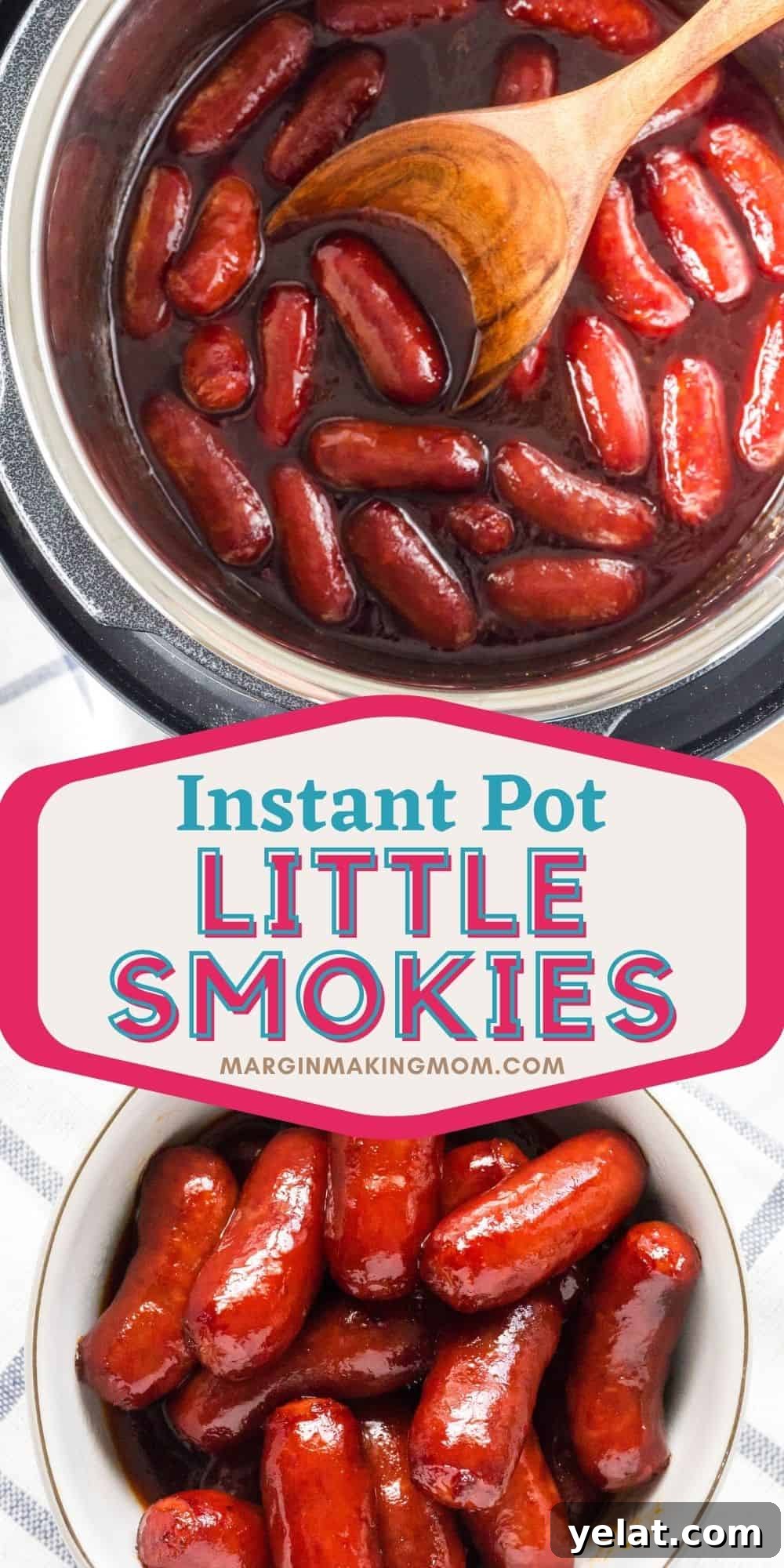 collage image featuring little smokies cooked in the Instant Pot and served in a bowl