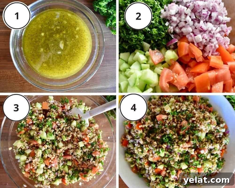 process shots showing how to make the recipe including the lemon dressing, chopped veggies, and mixing it all together. 