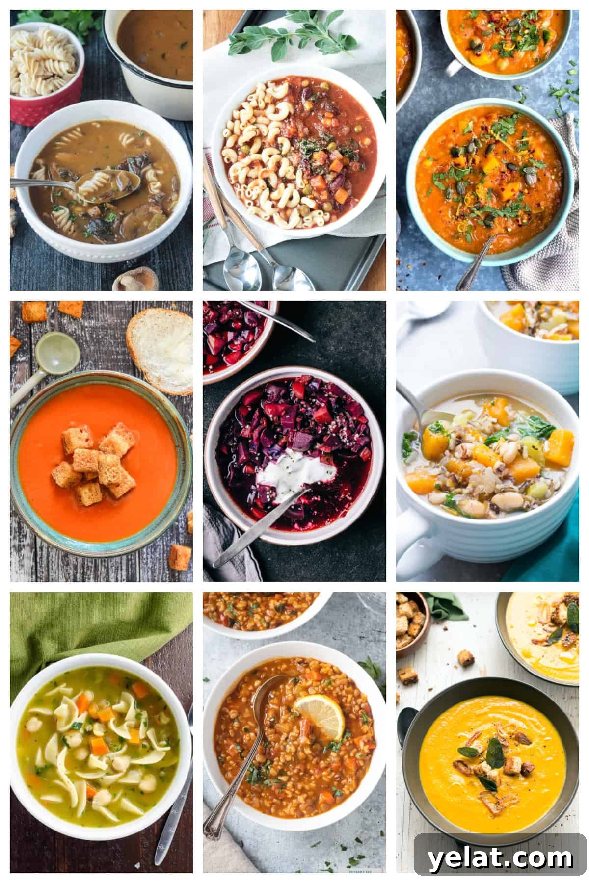 Vegan Soup Recipes - cozy and comforting, nothing beats a warm hearty bowl of soup when it's cold outside. From quick-and-easy stove top recipes to set-it-and-forget-it slow cooker crockpot recipes to short-on-time Instant Pot pressure cooker recipes, you'll find them all here. Creamy, chunky, light, or hearty - no matter what you are craving, there's a soup to warm your soul during these colder months. 9 photo collage of a variety of vegan soup recipes.