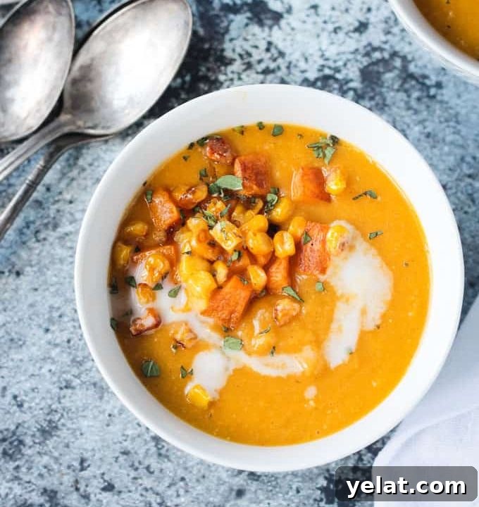Comforting Vegan Soup Recipes to Warm Your Weeknight Meals 3 Bowl of vegan butternut squash soup garnished with roasted squash and corn.