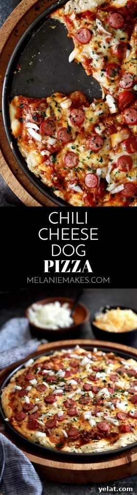 Chili Cheese Dog Pizza: How to Make Loaded Hot Dog Pizza at Home 2 This Chili Cheese Dog Pizza begins with a homemade pizza dough layered with hearty chili and shredded Mexican cheese before being topped with sliced hot dogs. It's then garnished with chopped onion and cilantro before being cut into wedges and served. Easy enough for any weekday, yet the perfect way to kick off a weekend.