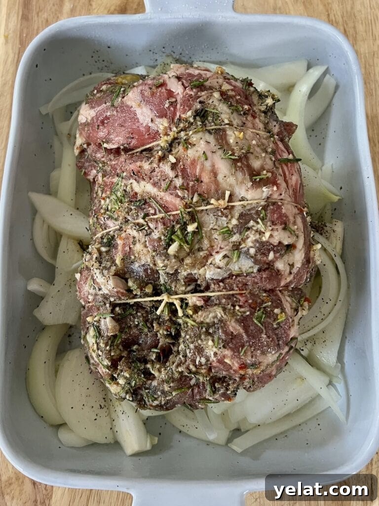 Slow-Roasted Mediterranean Lamb Shoulder Recipe 11 Tied-up, marinated boneless lamb shoulder over bed of onions in baking dish.
