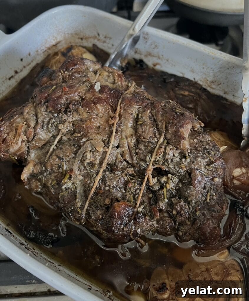 Slow-Roasted Mediterranean Lamb Shoulder Recipe 13 The finished Slow Cooked Boneless Mediterranean Lamb Shoulder in baking dish, still tied up.