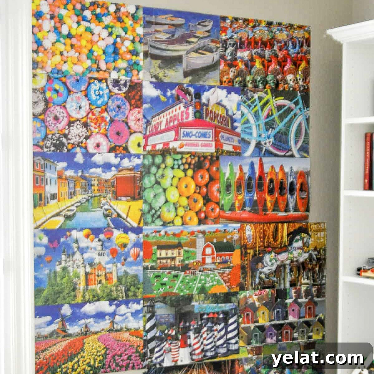 How to Glue and Hang a Puzzle Without a Frame 2 glued and preserved jigsaw puzzles displayed in a grid on a wall.