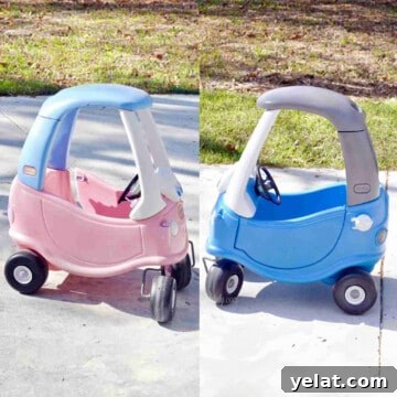 before and after of a little tikes cozy coupe makeover.