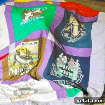 close up of t-shirt quilt draped on a table.