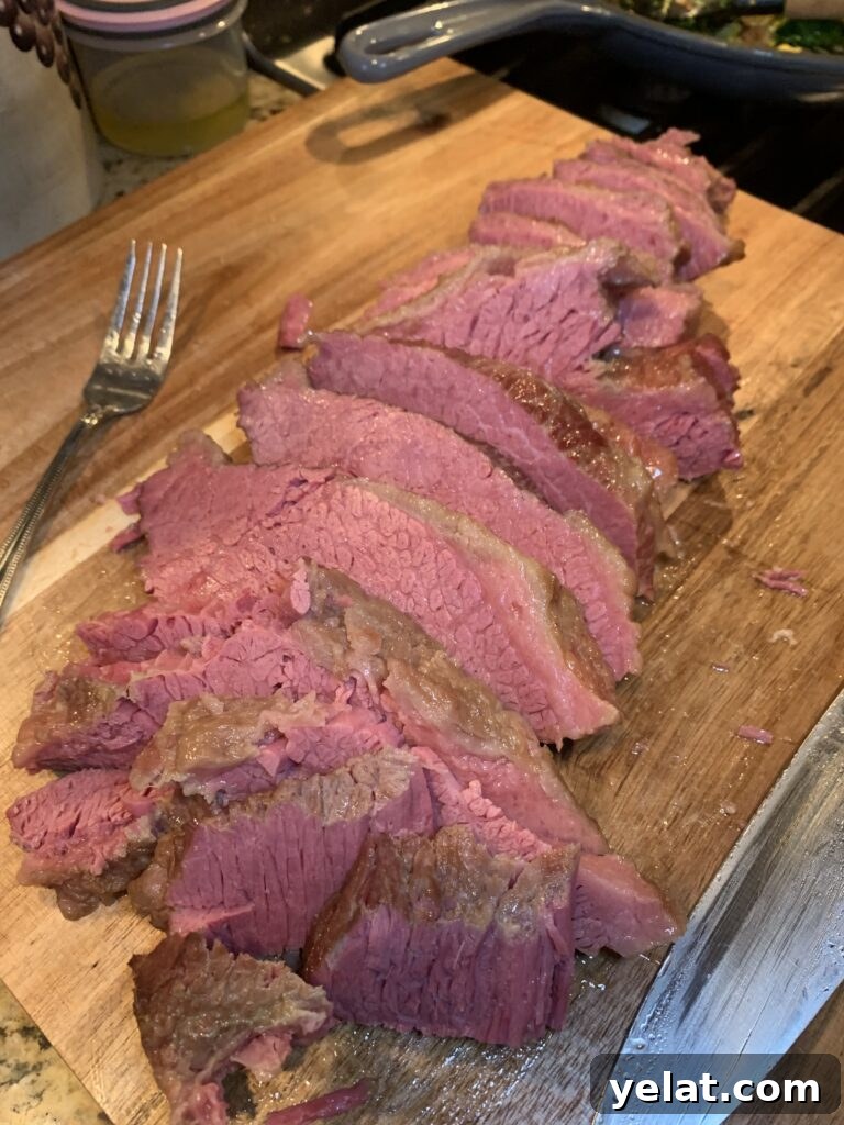 Slices of corned beef on a cutting board