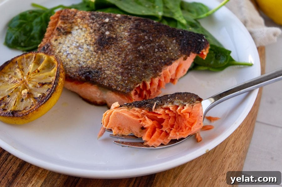 Crispy Cast-Iron Salmon with Lemon Herb Butter 2 A crisp skinned salmon filet cooked to medium