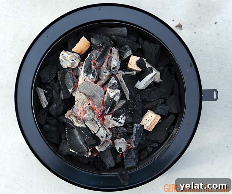Barrel House Cooker 18C Review: Features, Performance & Verdict 12 coal basket filled with lit lump charcoal and 3 wood chunks