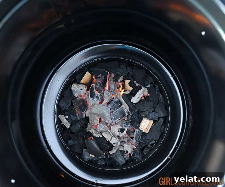 Barrel House Cooker 18C Review: Features, Performance & Verdict 13 coal basket filled with lit lump charcoal and 3 wood chunks with barrel on top