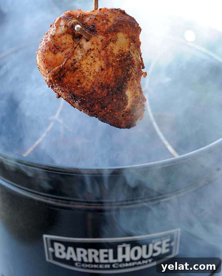 Barrel House Cooker 18C Review: Features, Performance & Verdict 14 chicken hanging on hook ready to go into smokey grill