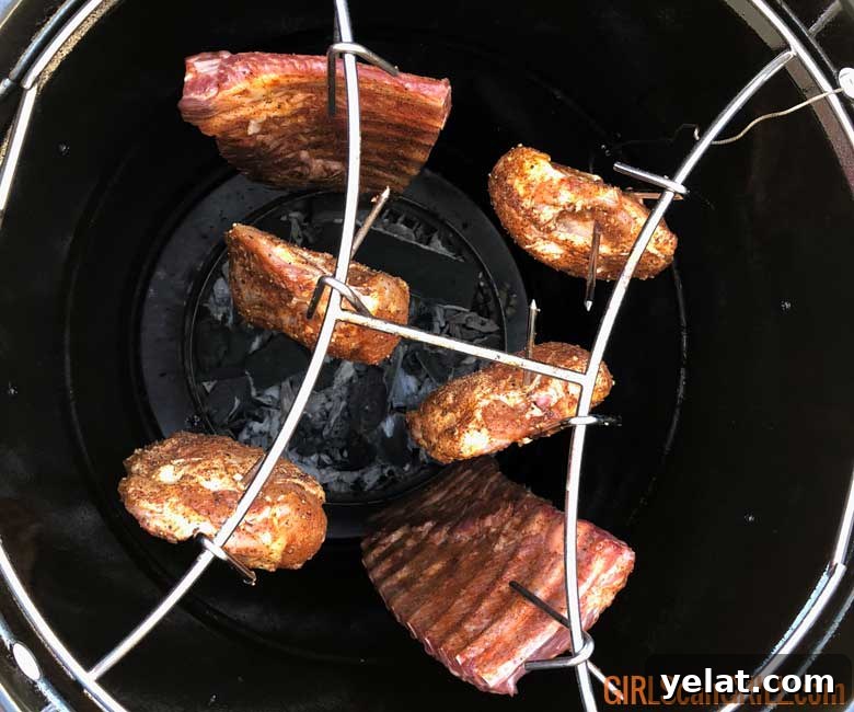 Barrel House Cooker 18C Review: Features, Performance & Verdict 3 view from top of 6 pieces of meat hanging in grill