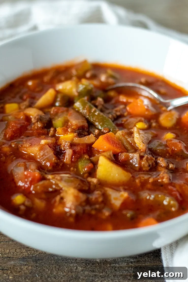 Hearty Vegetable Beef Soup Recipe with Savory Homemade Broth 7 Bowl of soup with spoon.