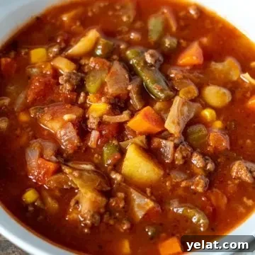 Bowl of vegetable beef soup.