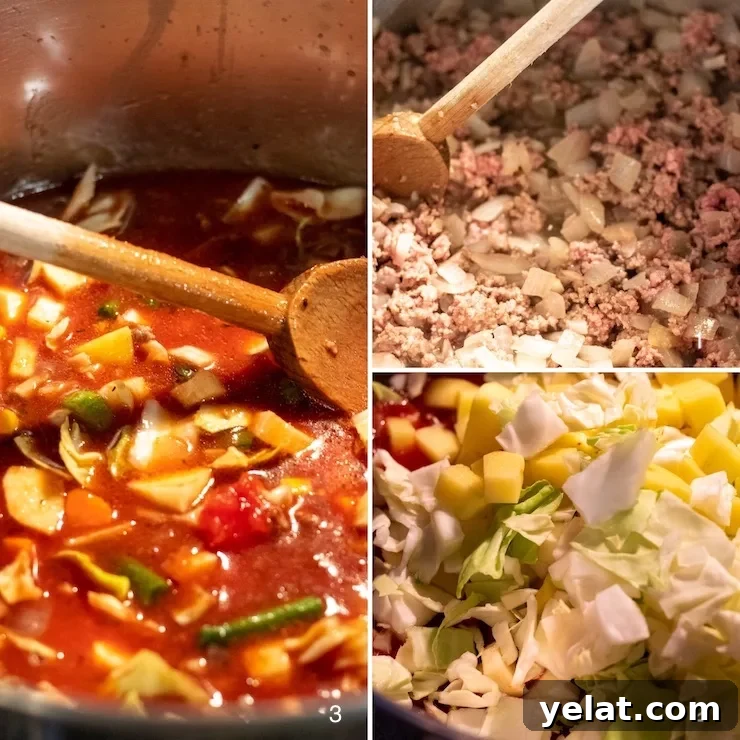 Hearty Vegetable Beef Soup Recipe with Savory Homemade Broth 5 Process collage photo of making the soup.