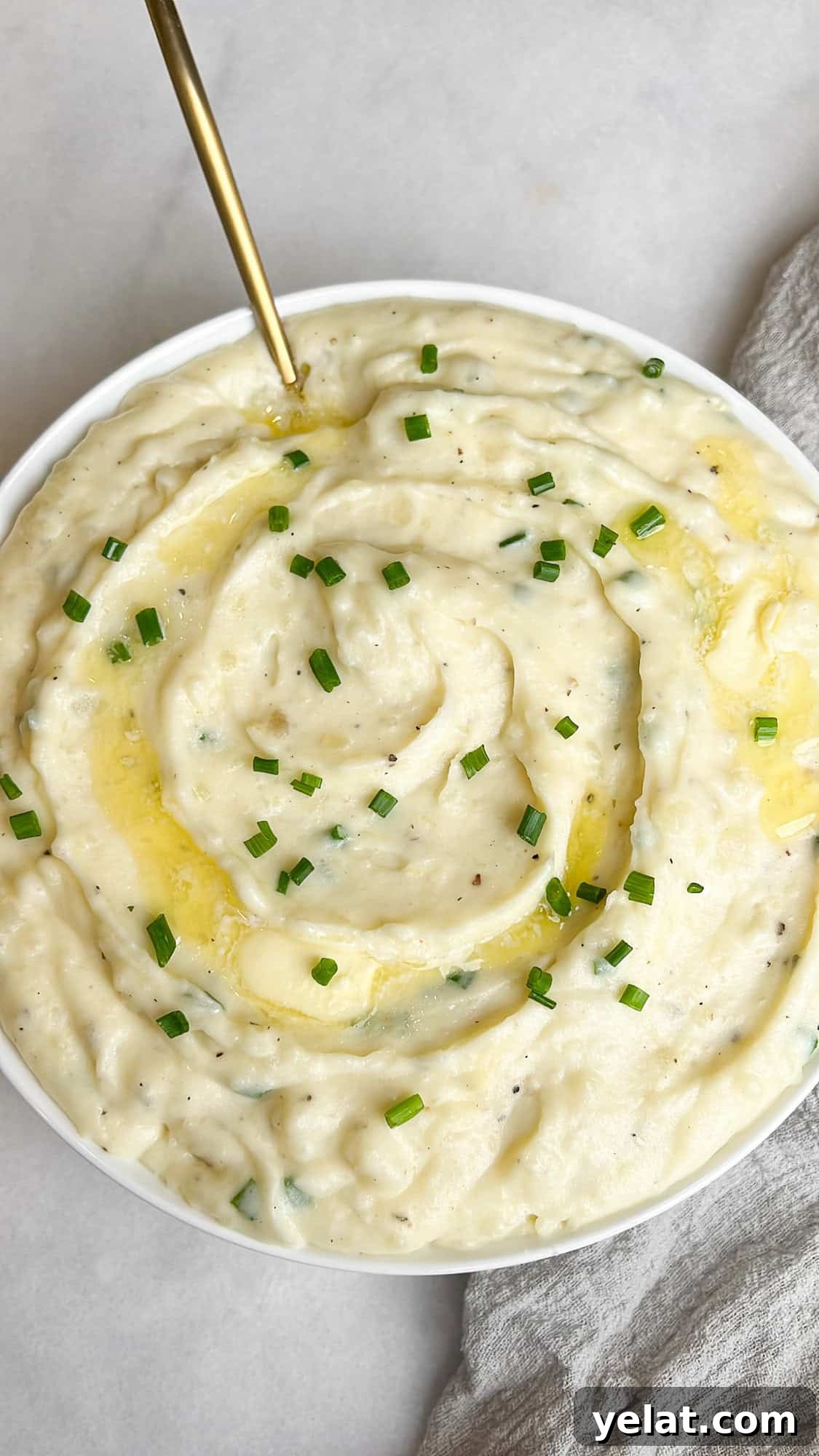 Overhead view of a bowl of Boursin mashed potatoes