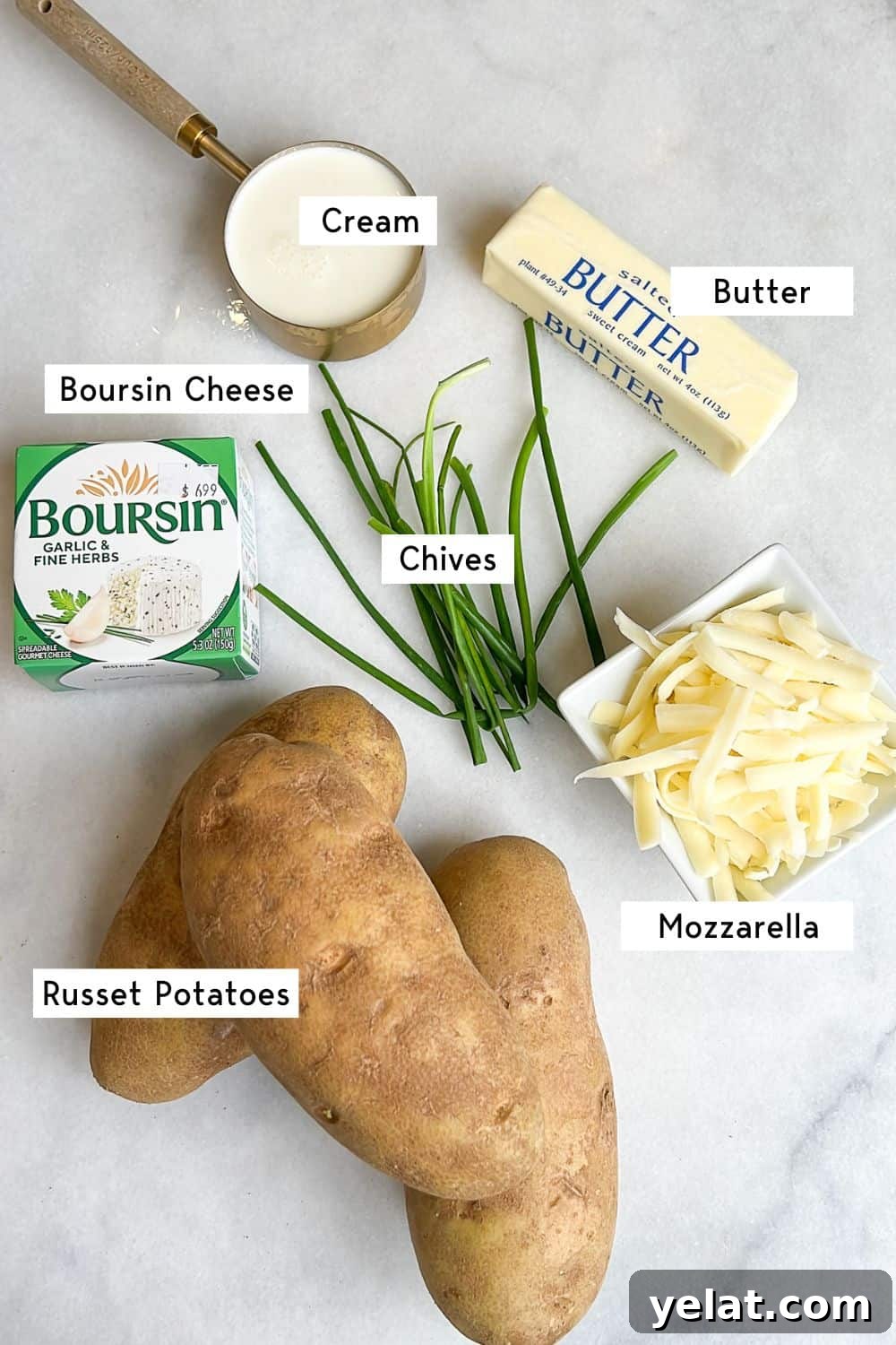 measured ingredients on the counter needed for boursin mashed potatoes