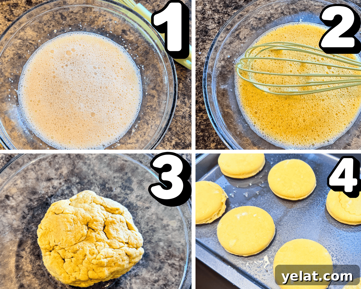 Crème Brûlée–Filled Donuts: Decadent Custard-Stuffed Doughnuts 4 a 4 image collage showing how to activate yeast, mix batter, and shape and cut out dough for donuts.