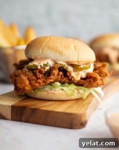 Fried Chicken Sandwich chicken sandwich on wooden board with sandwich and fries blurred in background and dip blurred at front