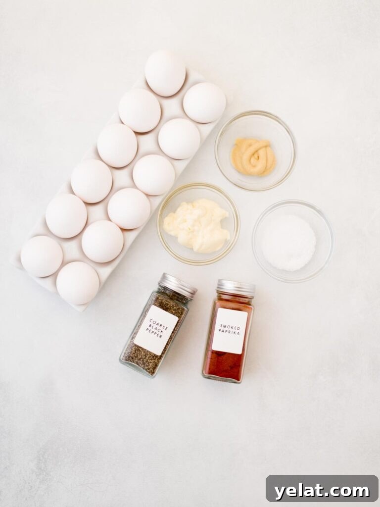 Creamy Deviled Eggs with Dijon Mustard and Fresh Herbs 3 Ingredients shown are used to prepare Deviled eggs.