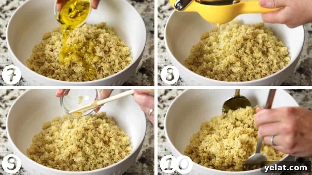 Quinoa Tabbouleh Salad Recipe: Fresh Mediterranean Grain Bowl 4 adding olive oil lemon juice and garlic to cooked quinoa