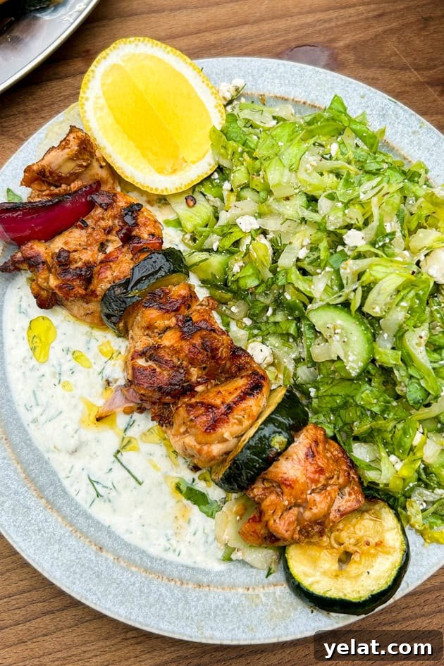 Grilled Pepperoncini Chicken Kabobs with Spicy Yogurt Sauce & Maroulosalata 2 Grilled Pepperoncini Chicken Kabobs with Spicy Yogurt Sauce and Maroulosalata