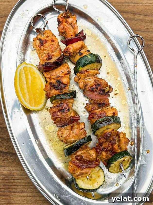 Grilled Pepperoncini Chicken Kabobs with Spicy Yogurt Sauce & Maroulosalata 7 Grilled Pepperoncini Chicken Kabobs