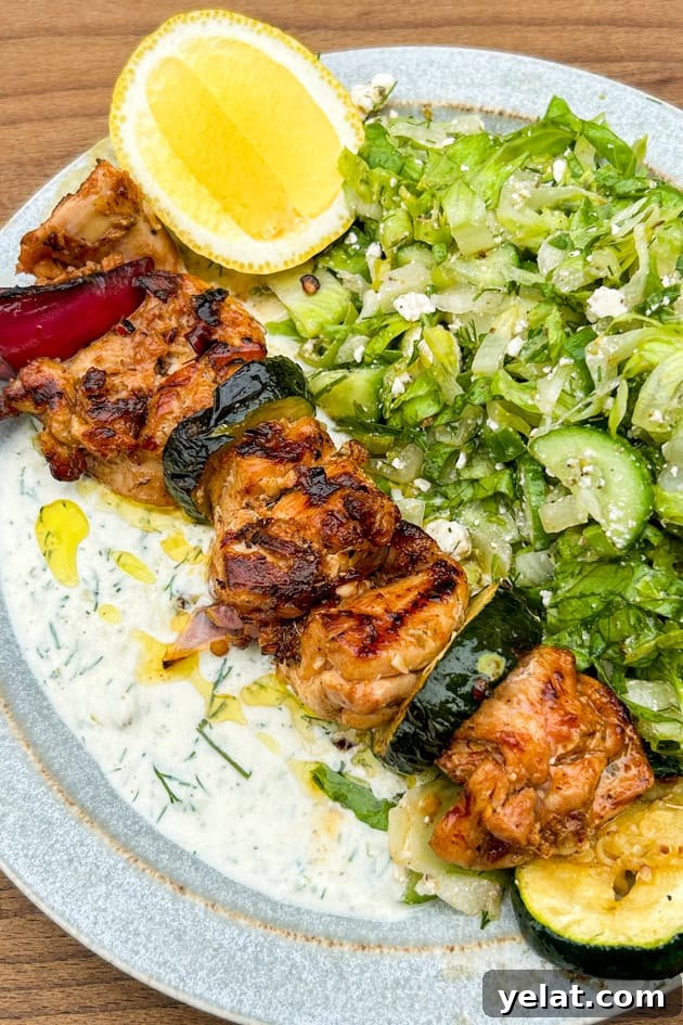 Grilled Pepperoncini Chicken Kabobs with Spicy Yogurt Sauce & Maroulosalata 8 Grilled Pepperoncini Chicken Kabobs with Spicy Yogurt Sauce and Maroulosalata
