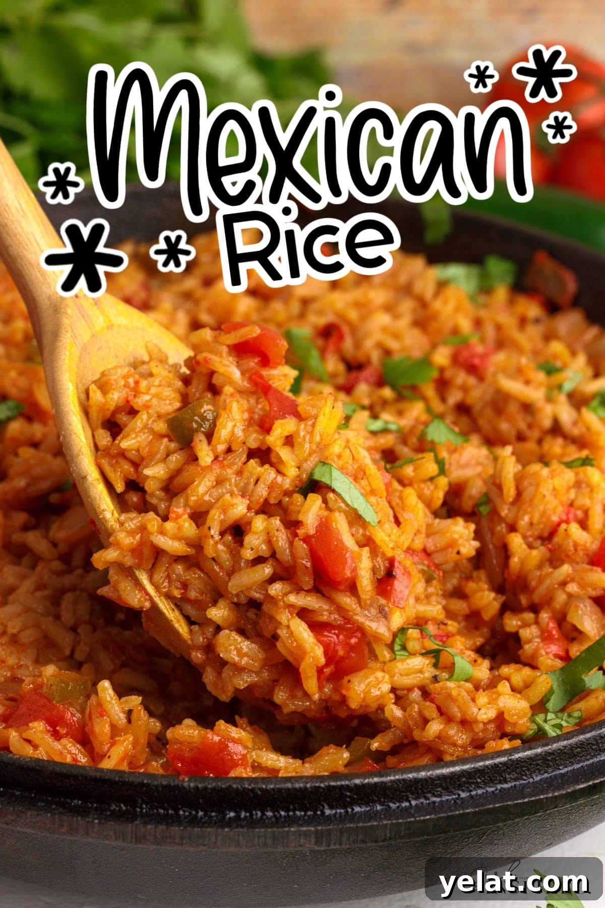 Authentic Mexican Red Rice Recipe: Fluffy, Flavorful Arroz Roja 2 Pan of Mexican Red rice with a spoon full and text overlay.