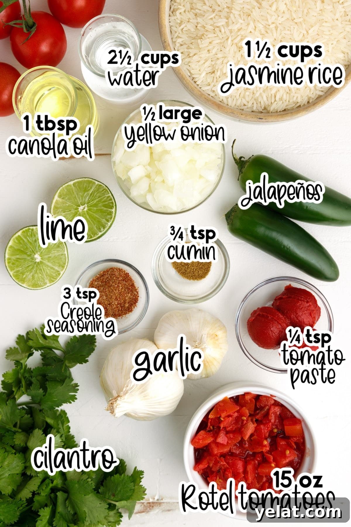 Authentic Mexican Red Rice Recipe: Fluffy, Flavorful Arroz Roja 3 All ingredients layed out in small bowls or on the counter to be used in the recipe.
