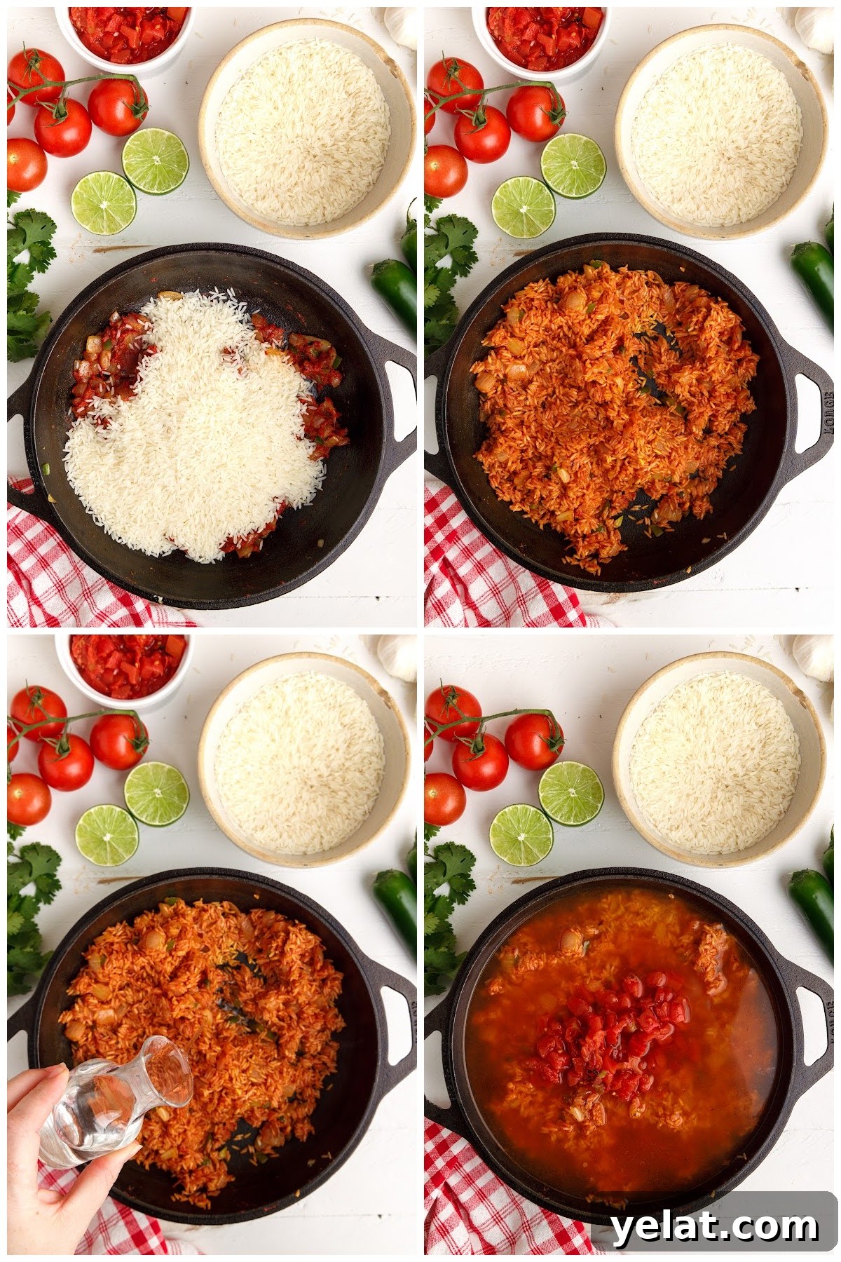 Authentic Mexican Red Rice Recipe: Fluffy, Flavorful Arroz Roja 6 Four steps shown here including adding the rice and rotel to the mixture.