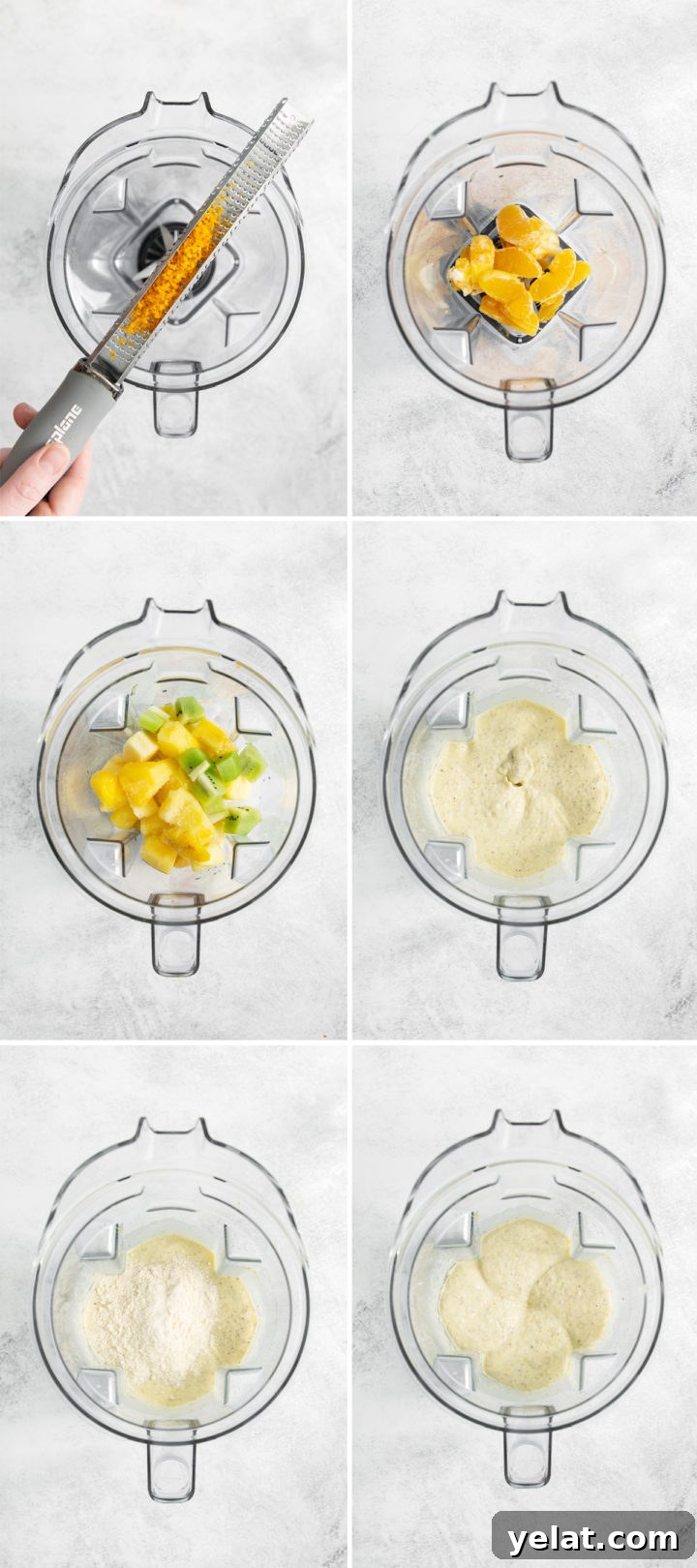 step by step photos showing how to make an orange pineapple smoothie