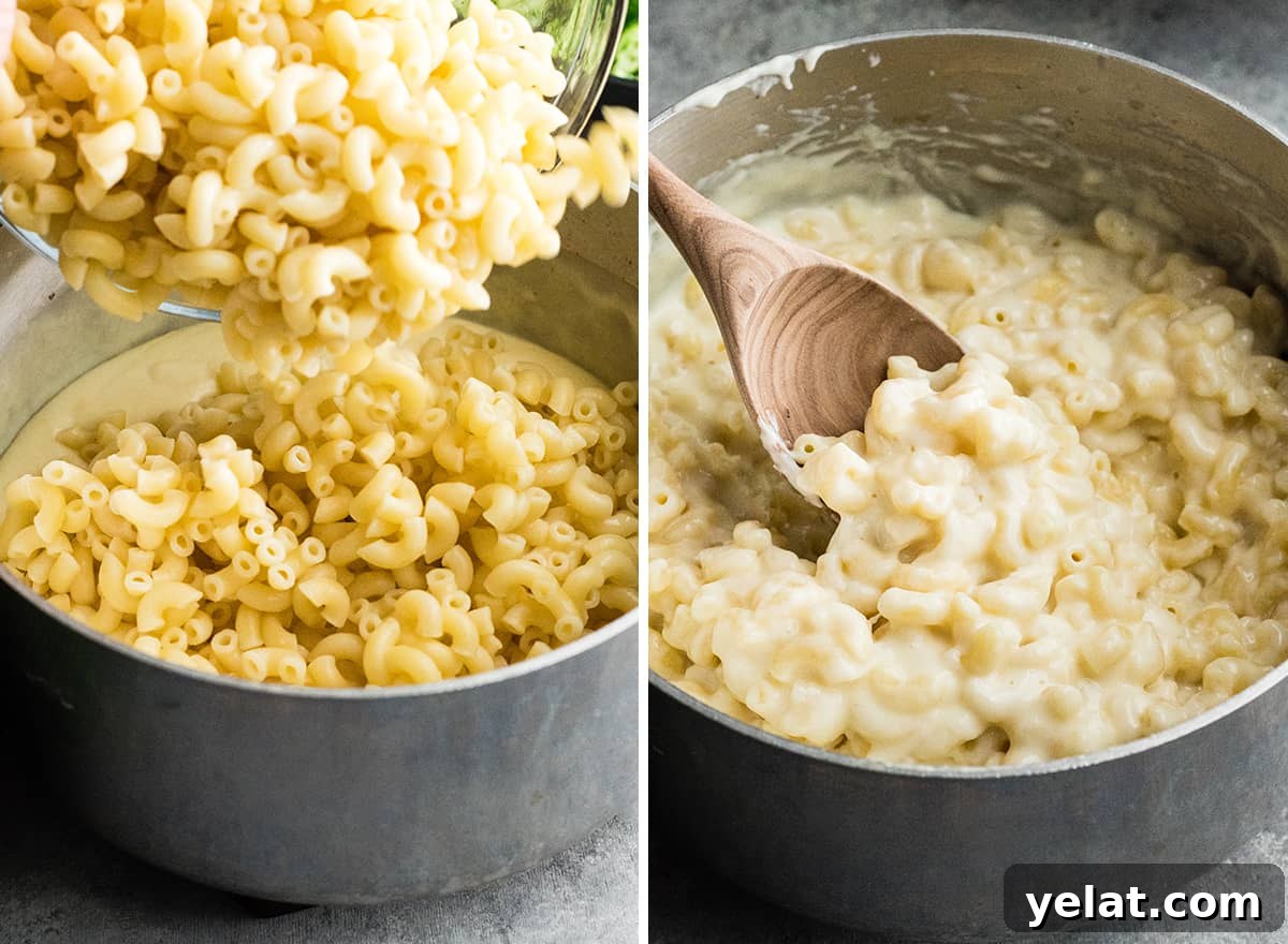 two front view photos showing adding and mixing cooked macaroni into cheese sauce