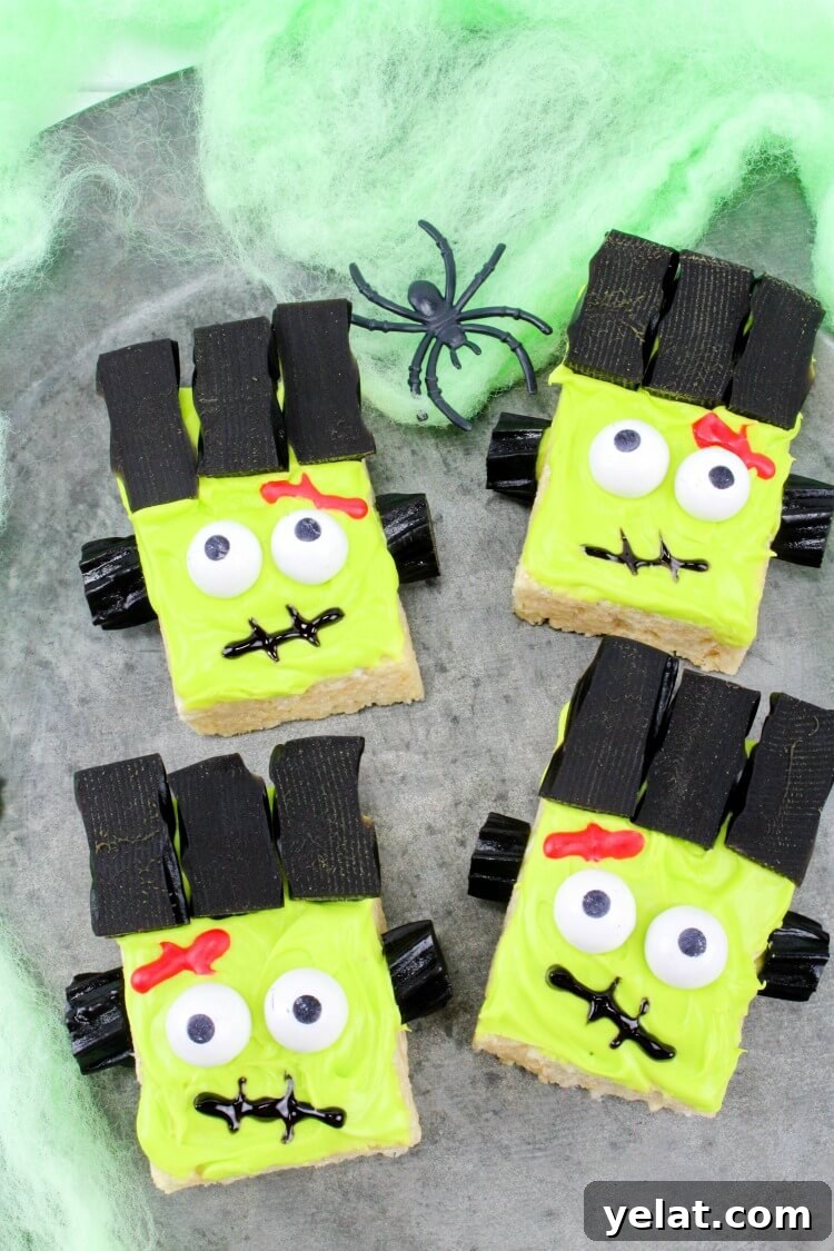 See how to make Frankenstein Monster Rice Krispies Treats! Easy & perfect for Halloween class parties!