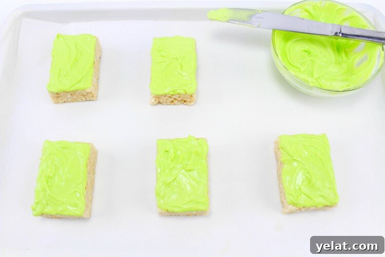 Green frosting for Frankenstein Monster Rice Krispies Treats!