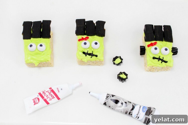 Easy Step by Step to make the face of for Frankenstein Monster Rice Krispies Treats!