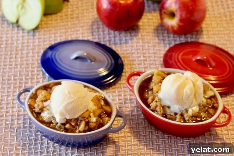 Warm apple crisp with vanilla ice cream served in colorful ramekins. Perfect for cozy dessert moments.