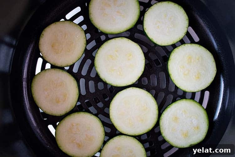 Zucchini Mini Pizzas: Bite-Sized Low-Carb Pizza Bites 4 overhead view of sliced zucchini evenly space on air fryer basket