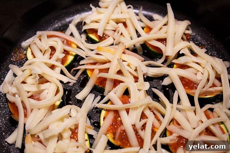 Zucchini Mini Pizzas: Bite-Sized Low-Carb Pizza Bites 6 zucchini in air fryer basket with mozzarella sprinkled on the top of each one