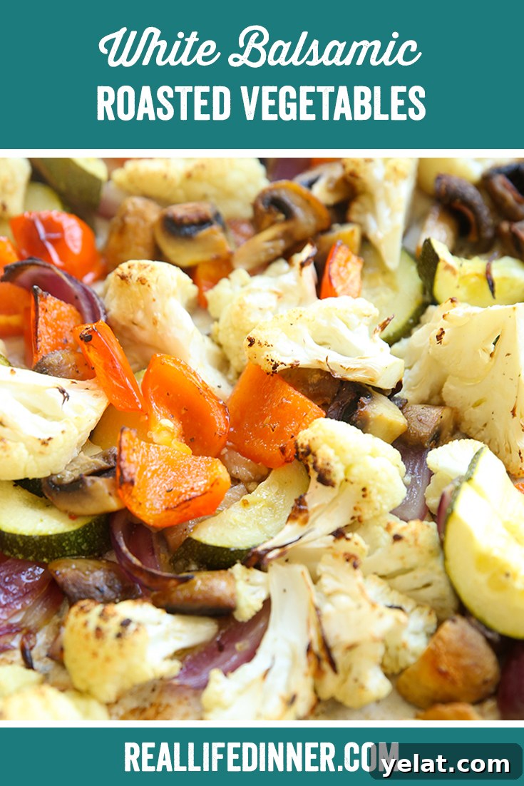 White Balsamic Roasted Vegetables with Garlic and Herbs 7 Pinterest picture with the text of the title of the recipe at the top.