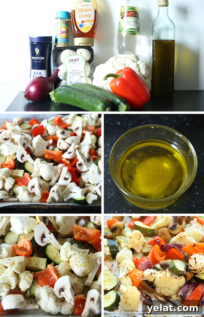 5-photo picture collage of step-by-step photos of how to make white balsamic roasted vegetables.
