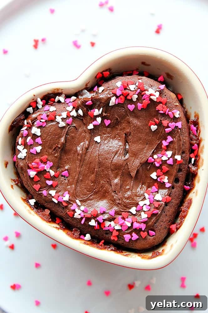 Chocolate Mug Cake for Two Recipe - fluffy and soft chocolate cake cooked in microwave! Perfect little treat that comes together in just under 5 minutes. chocolate cake in heart ramekin